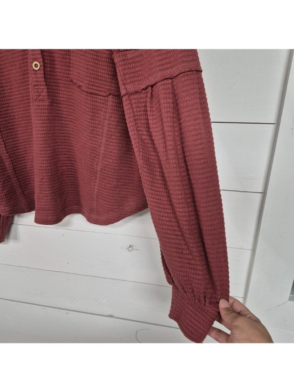 Waffle Knit Burgundy Hoodie With Button Detail & Front Pocket Long Balloon Sleev - Picture 3 of 9